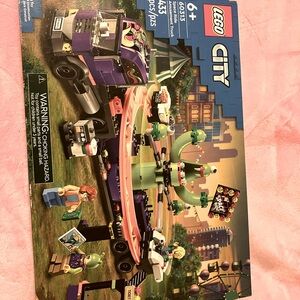 Kids toy Lego set semi truck with race track.